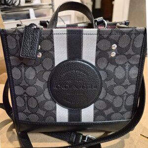 Coach Dempsey Tote 22 Signature Canvas Varsity Stripe Patch Charcoal Black